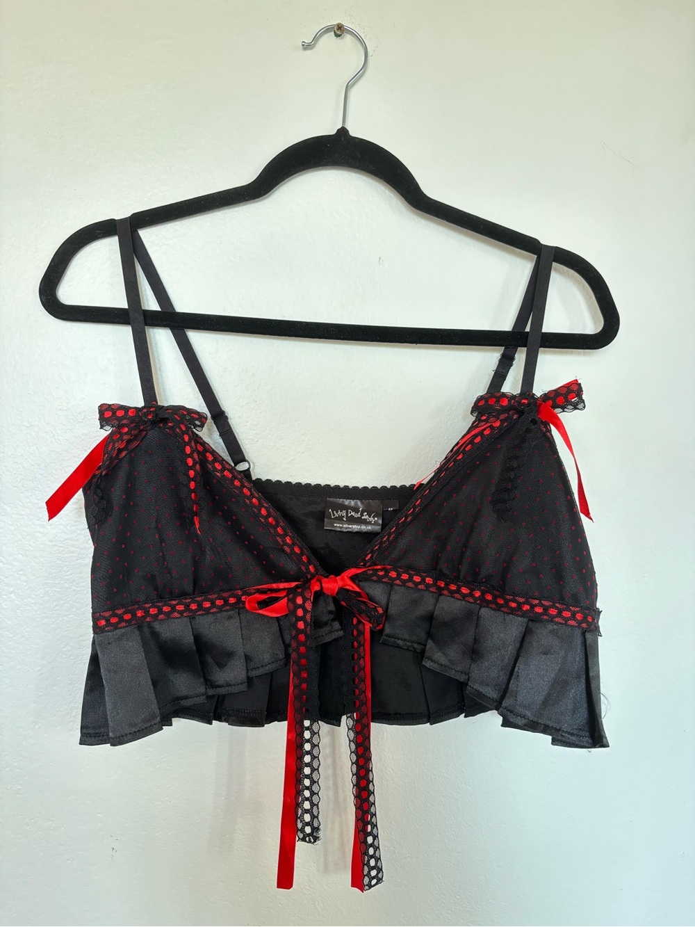 Living Dead Souls Ribbon Bows Tie Front Crop Top Pleated Polka dot Alt Goth Emo